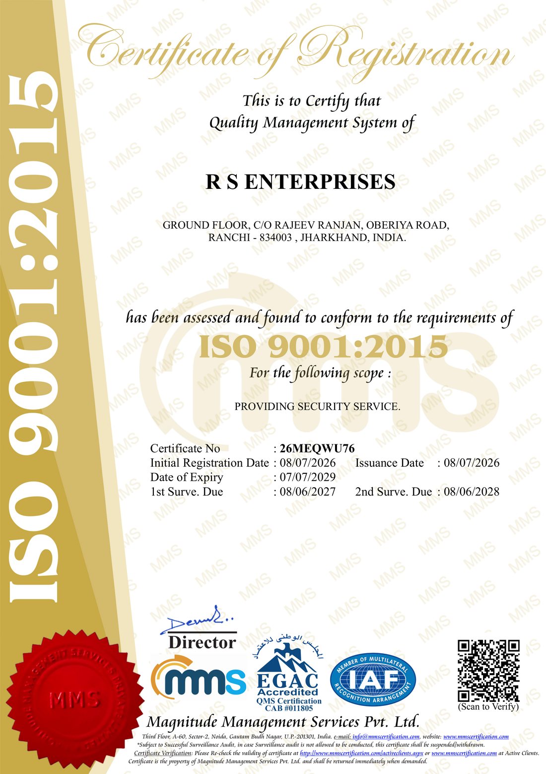 ISO 9001:2015 quality management certificate of RS Enterprises
